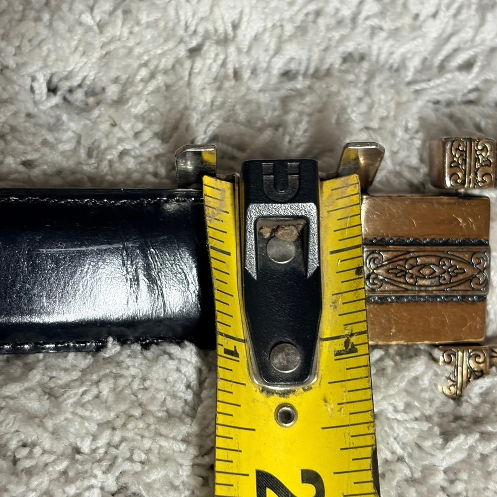 Brighton Vtg 1996 Black Leather Toggle Belt Western. Mixed Metal Ornate L 20603